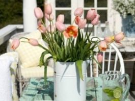 Idee casa: viole, cesti di vimini e barattoli di latta per un terrazzo shabby chic