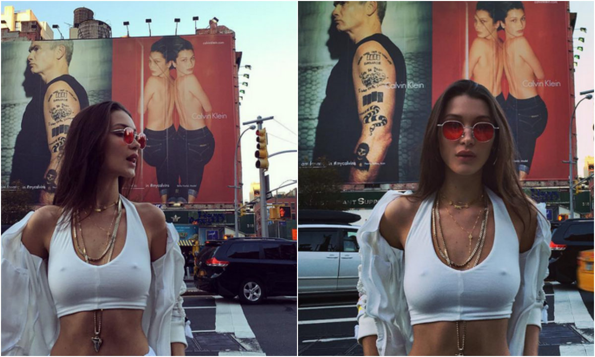 Bella Hadid: look total white Calvin Klein, via il reggiseno!