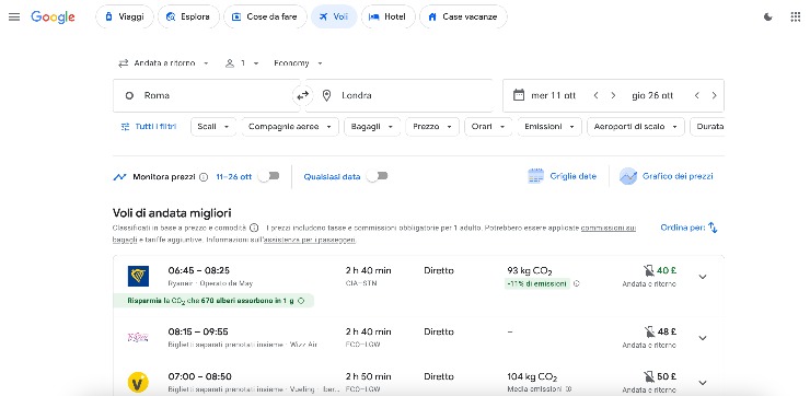 google flights filtri