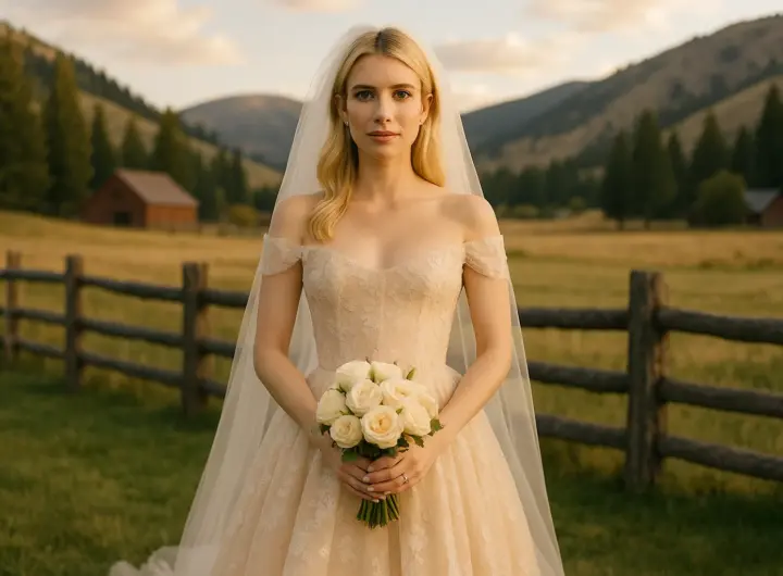 Il matrimonio di Emma Roberts in Idaho: gli abiti Monique Lhuillier e il vintage Pierre Cardin