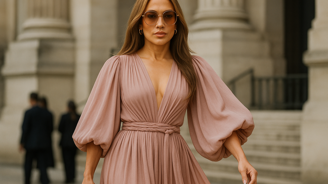 Jennifer Lopez a Parigi: il soft boho rosa poudre e kaki dell'estate 2026