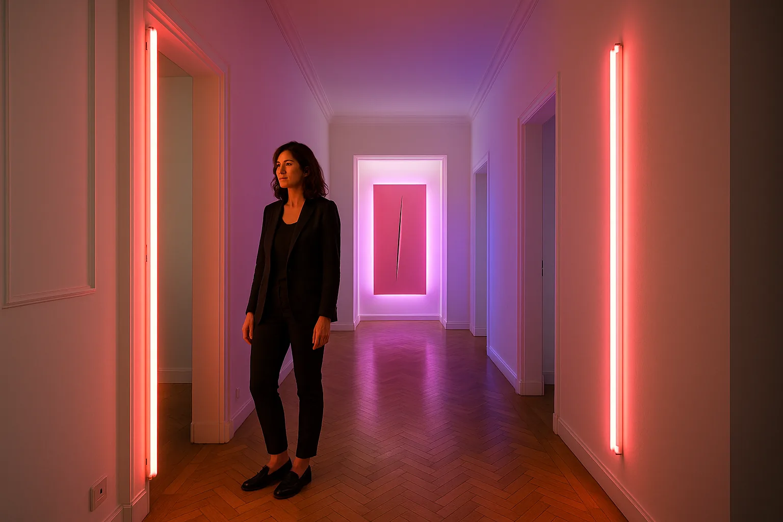 Un appartamento a Roma con corridoio-installazione ispirato ai neon di Lucio Fontana