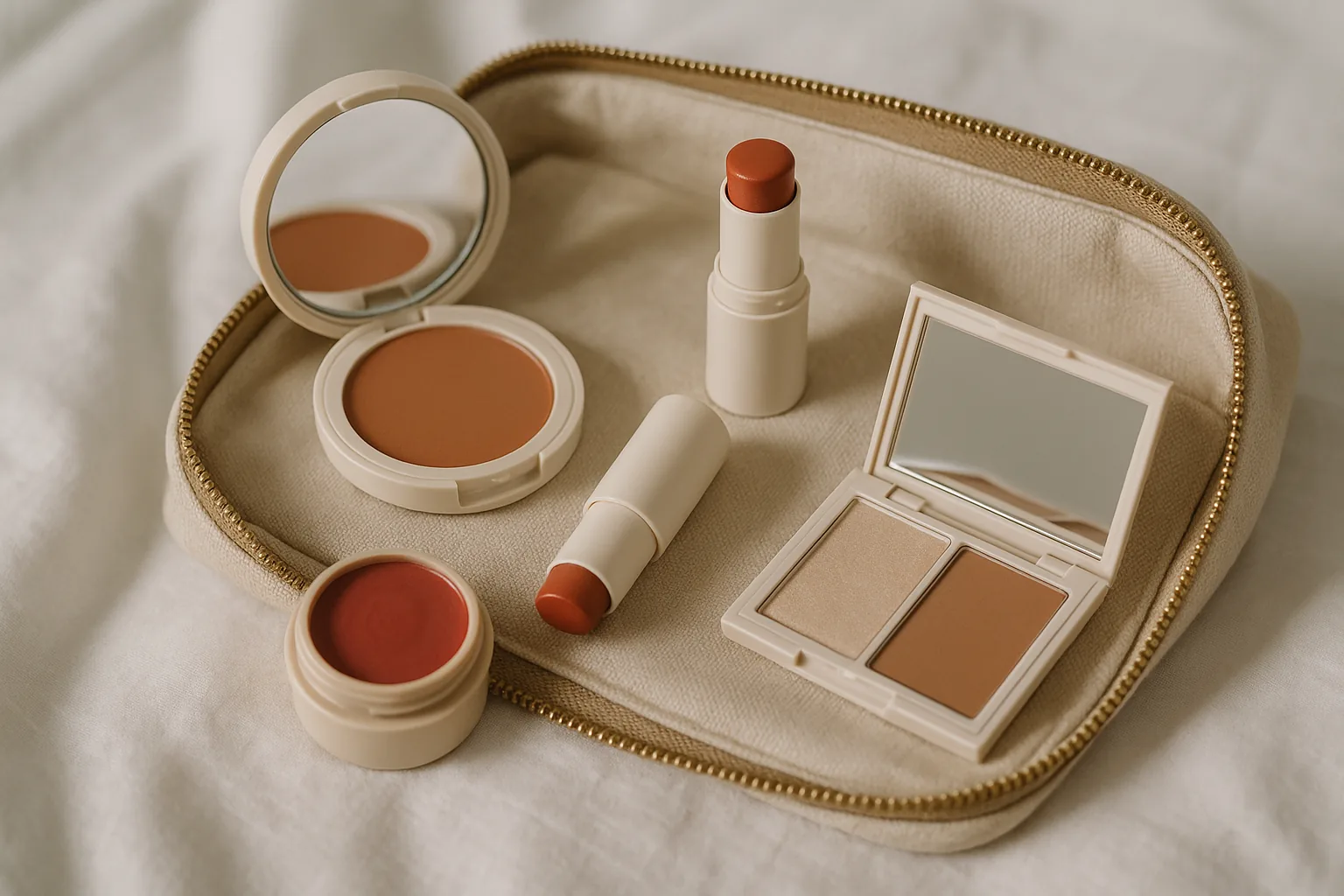 Beauty case minimalista per le vacanze: i cosmetici multiuso che salvano spazio